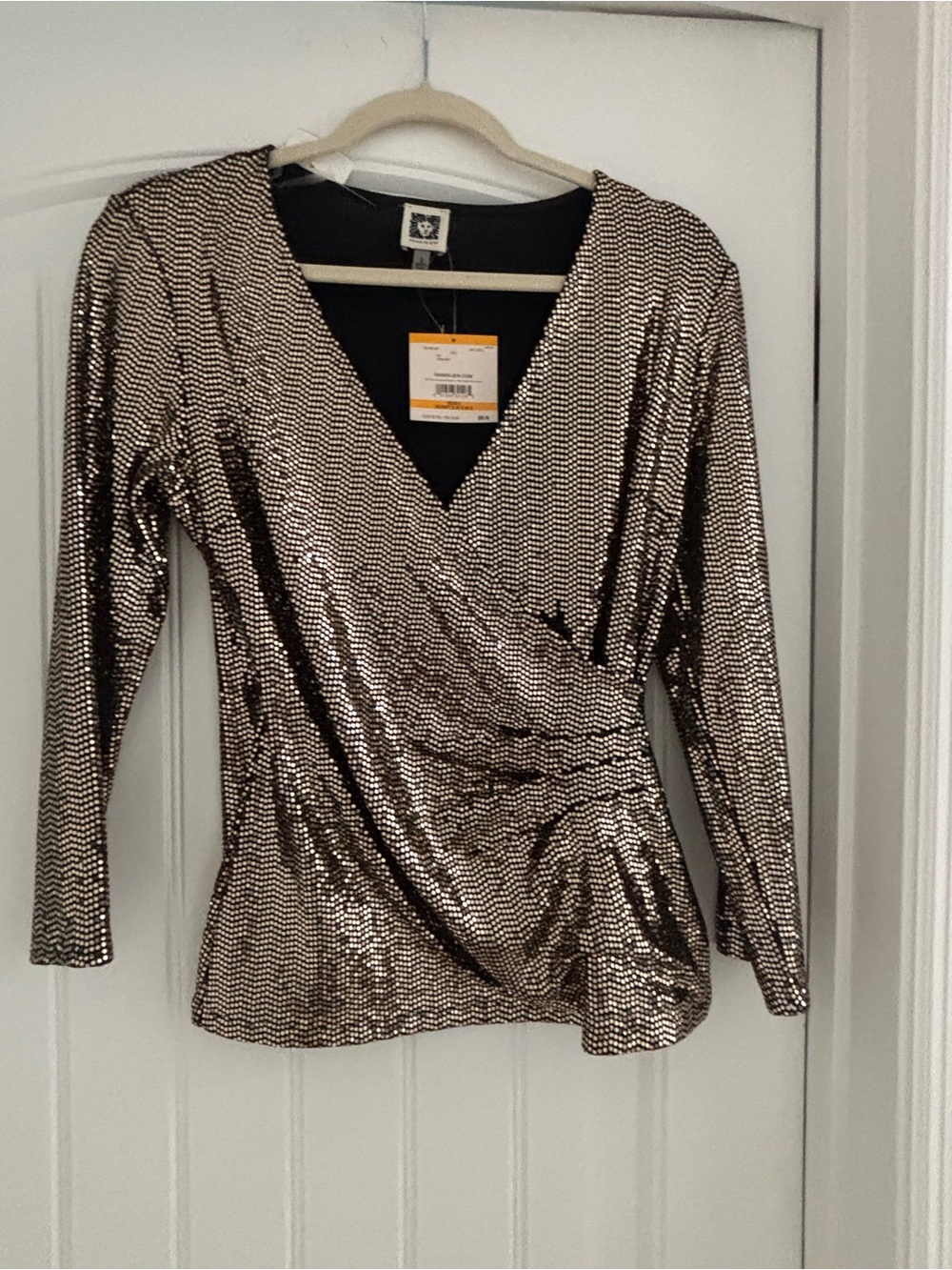 Anne Klein Metallic Gold Sequin Wrap Top - Long Sleeve
